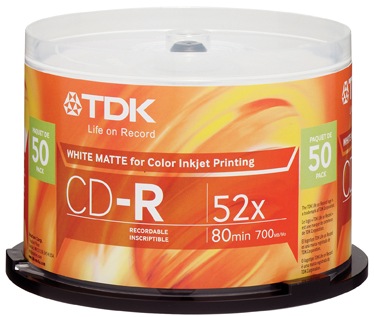 TDK 52x CD-R, Inkjet Printable White Surface, 50-pack spindle