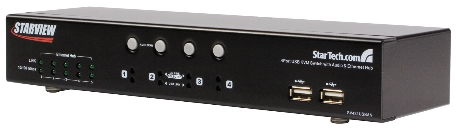 StarTech.com 4 Port USB KVM Switch with Ethernet Switch and Audio & USB Hub