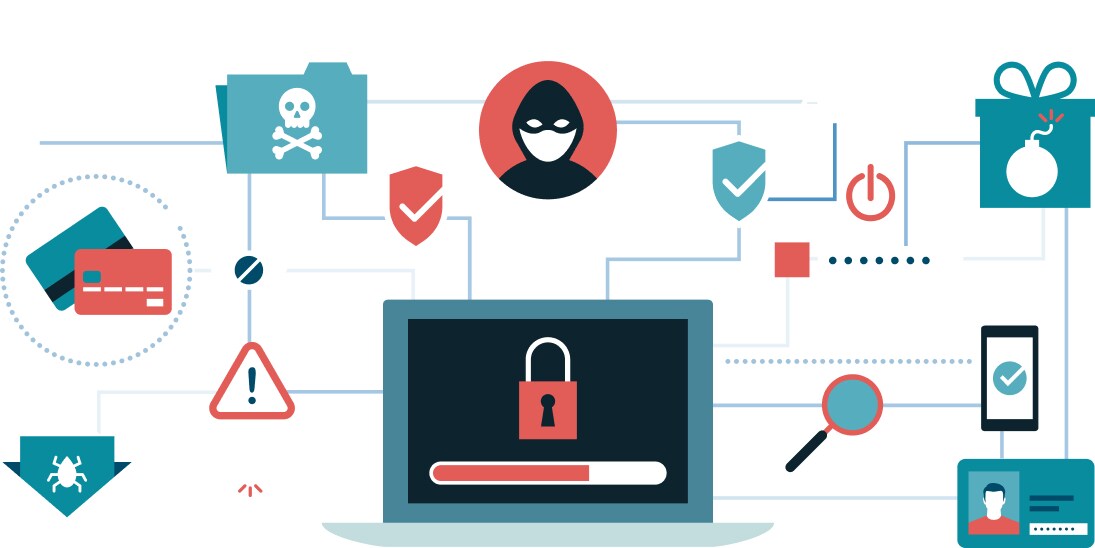 Image avec représentation de la cybersécurité et du piratage.