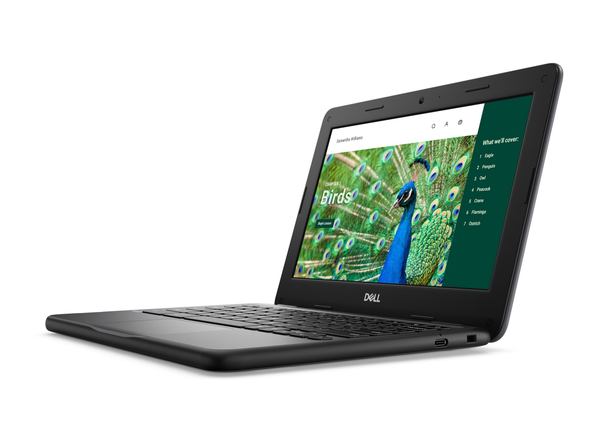 Dell Pro Education laptop opan and at an angle.