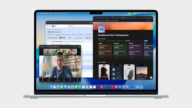 Mac laptop displaying Microsoft Office apps and business software alongside video conferencing for workplace collaboration