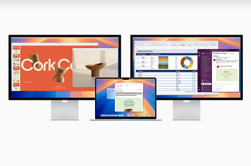 Apple product family image featuring 2 desktop computers and a laptop in the middle