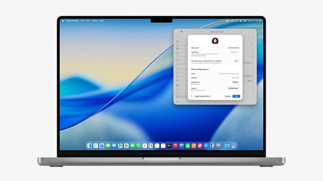 Apple MacBook displaying identity and access management settings for secure user login, authentication, and device access control