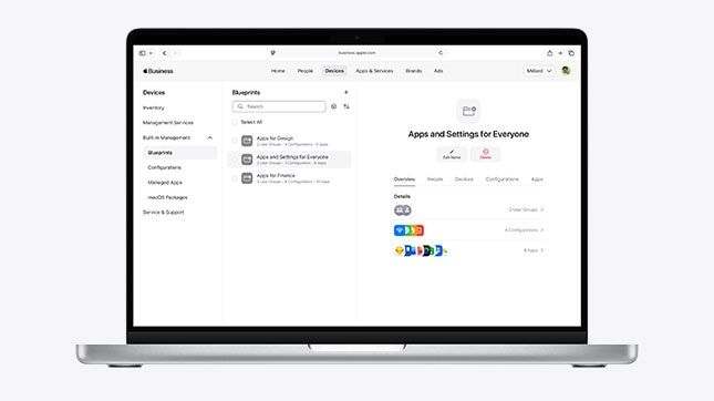 Apple MacBook displaying mobile device management dashboard configuring apps, security policies, and automated enrollment for enterprise devices