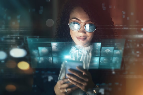 azure image of a woman working on a smartphone.