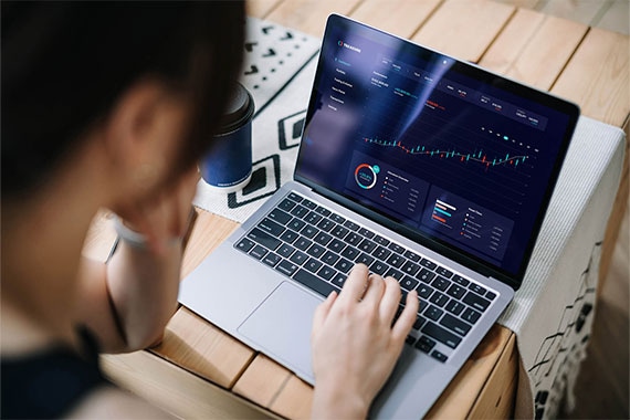 Person interacting with a laptop showing financial data dashboards, representing a digital loan application workflow and approval management portal.