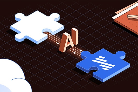Illustration of two puzzle pieces connected by the letters ‘AI,’ symbolizing how artificial intelligence bridges data and business solutions.