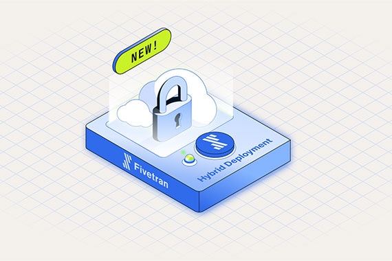 3D illustration of Fivetran Hybrid Deployment featuring a secure padlock and cloud icon with a ‘New’ label, highlighting data security and hybrid cloud integration.