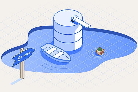 Illustration of a data lake with a database cylinder, rowboat, and Fivetran direction sign, symbolizing managed data lake services and streamlined data movement.