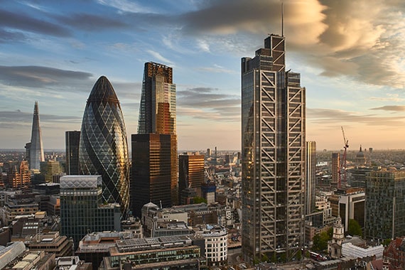 city skyline of london england in europe at dusk