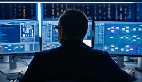 thumbnail image of a data specialist viewing monitor displays