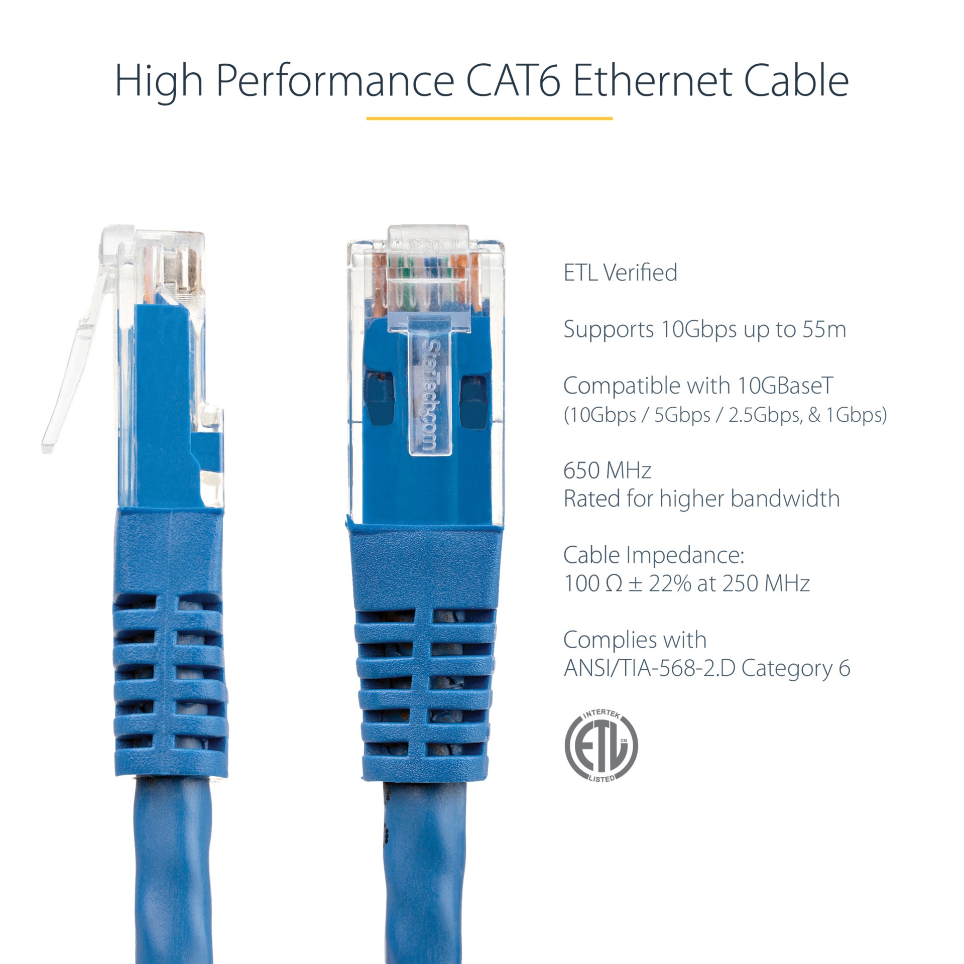 Thumbnail 3 of 14 for StarTech.com 5ft Blue CAT6 Ethernet Cable - Molded CAT6 Patch Cord - PoE++ Gigabit Network Cable - M/M