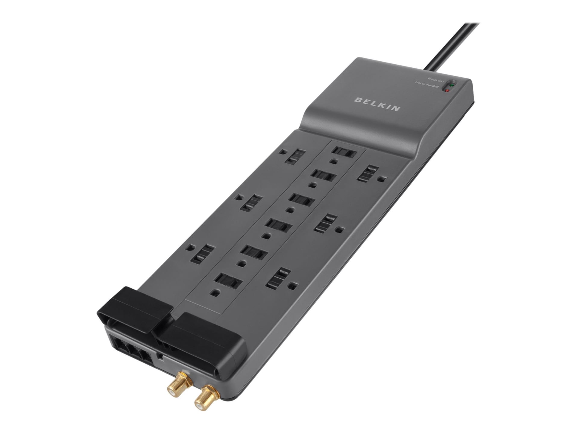 Belkin 12-Outlet Surge Protector - 8ft Cord - Right Angle Plug - 3940J - Telephone + Coaxial Protection - Grey