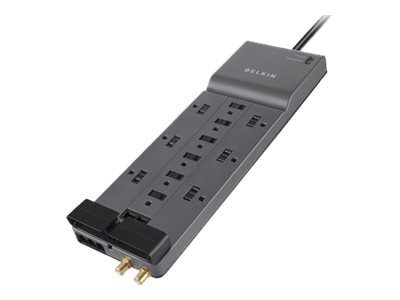 Belkin 12-Outlet Surge Protector - 10ft Cord - Right Angle Plug - 4120J - Telephone + Coaxial Protection - Grey