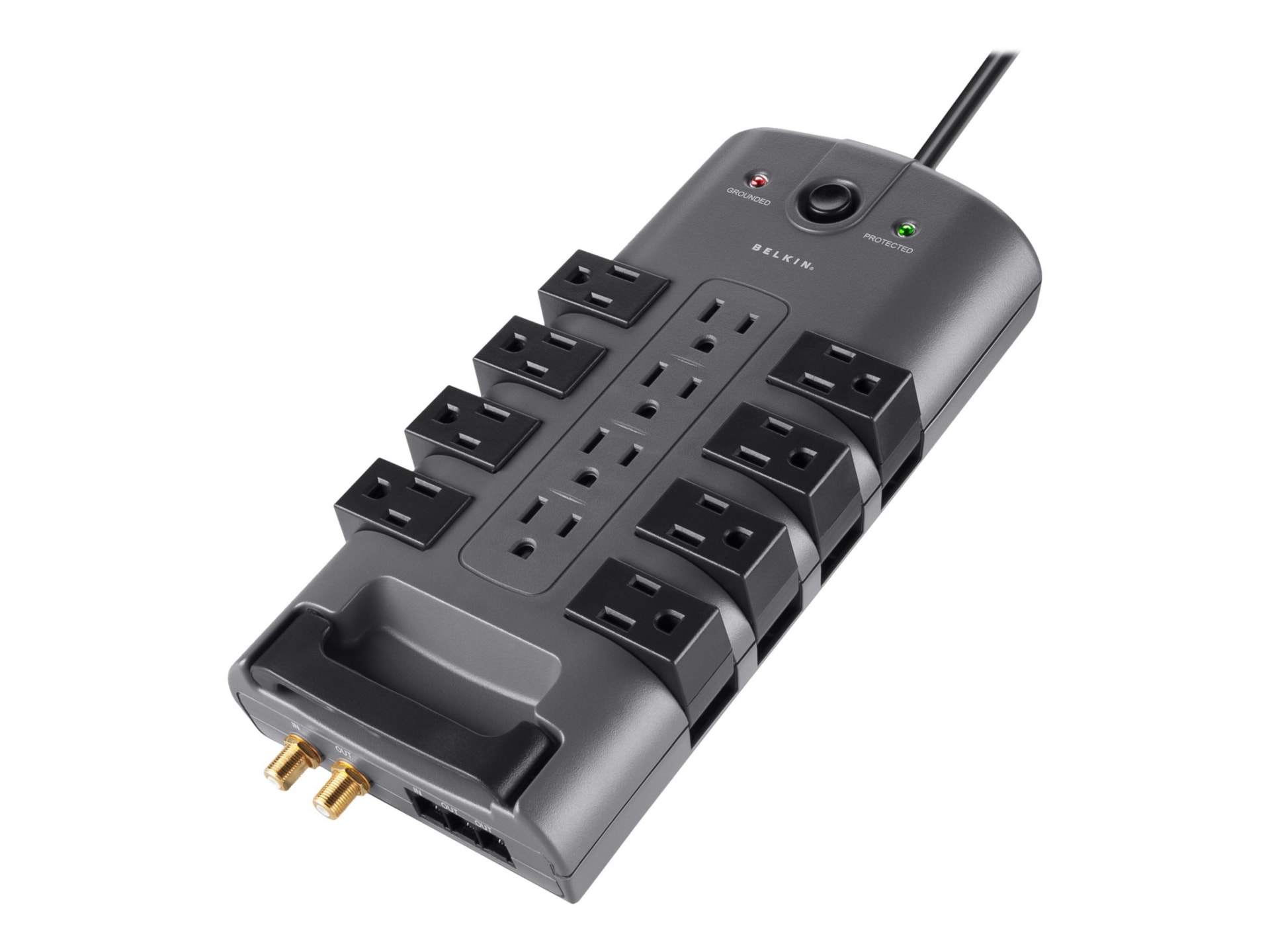 Belkin 12-Outlet Pivot-Plug Surge Protector - 8ft Cord - Straight Plug - 4320J - Telephone Protection - Grey