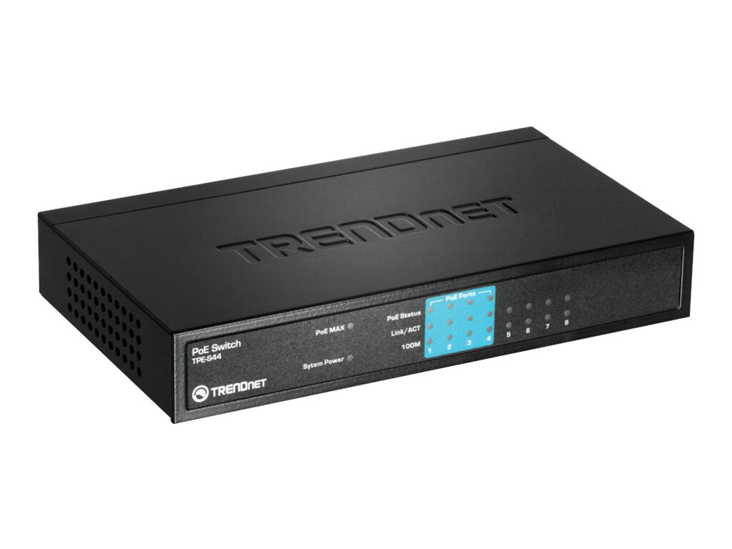 TRENDnet 8-Port 10/100Mbps PoE Switch, 4 x 10/100 Ports, 4 x 10/100 PoE Ports, 30W PoE Power Budget, 1.6 Gbps Switching