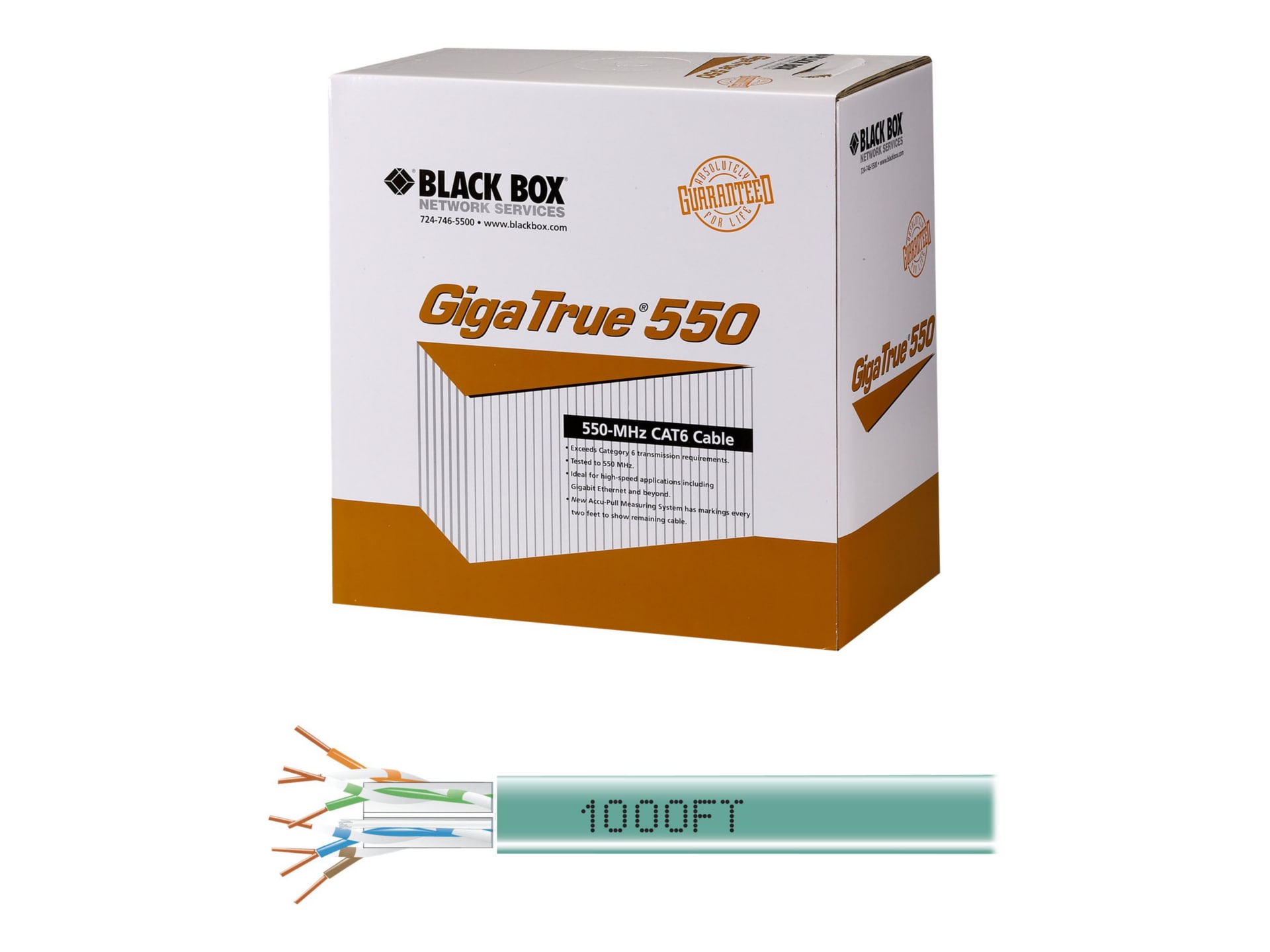 Black Box CAT6, 550-MHz Solid Bulk Cable, 4-Pair, 1000', PVC, Green