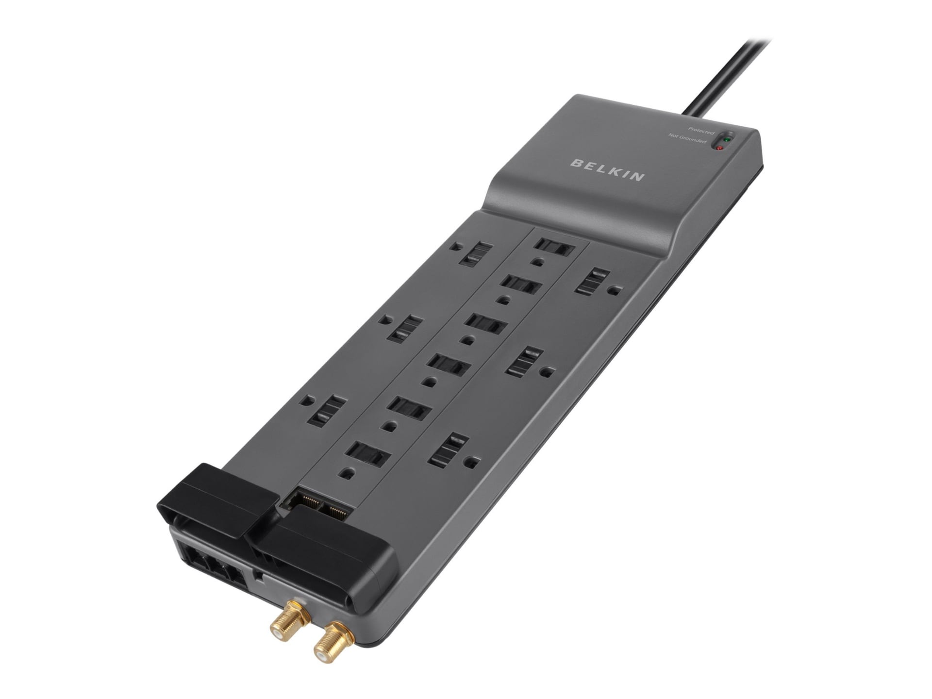 Belkin 12-Outlet Surge Protector - 8ft Cord - Right Angle Plug - 4120J - Telephone + Coaxial Protection - Grey