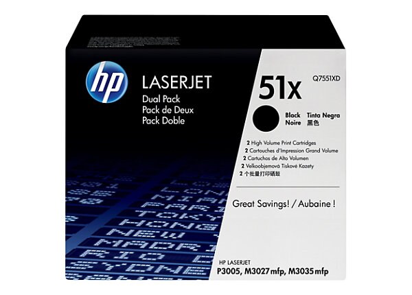 HP 51X (Q7551XD) 2-pack High Yield Black Original LaserJet Toner Cartridges