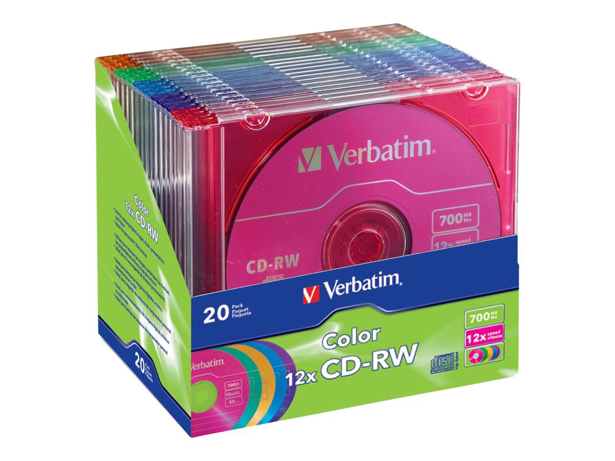 Verbatim CD-RW 700MB 12X Assorted Colors 20PK Slim Jewel Case