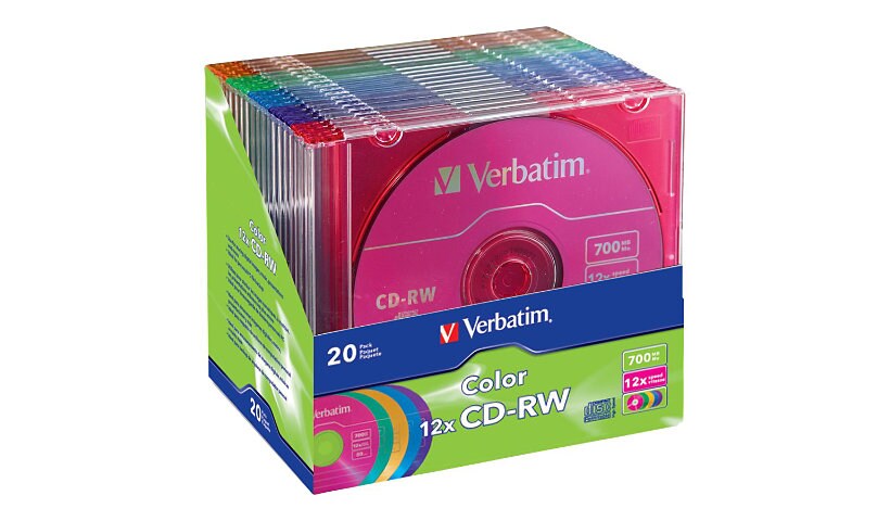 Verbatim CD-RW 700MB 12X Assorted Colors 20PK Slim Jewel Case