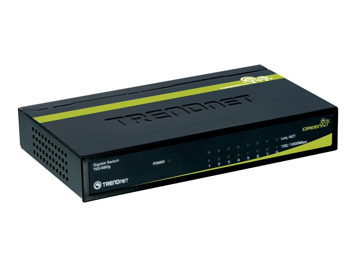 TRENDnet 8-Port Unmanaged Gigabit GREENnet Desktop Metal Switch, Fanless, 16Gbps Switching Capacity, Plug & Play,