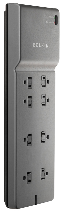 Belkin 8-Outlet Surge Protector - 8ft Cord - Right Angle Plug - 2500J - Grey