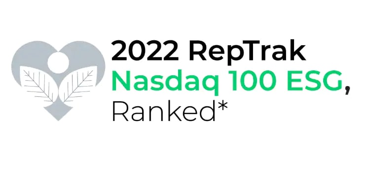 A gray heart symbol is inset with a white circle atop two white leaves adjoining at their base to emulate a person with arms outstretched. The words ‘2022 RepTrak NASDAQ 100 ESG, Ranked*’ are to the right of the symbol