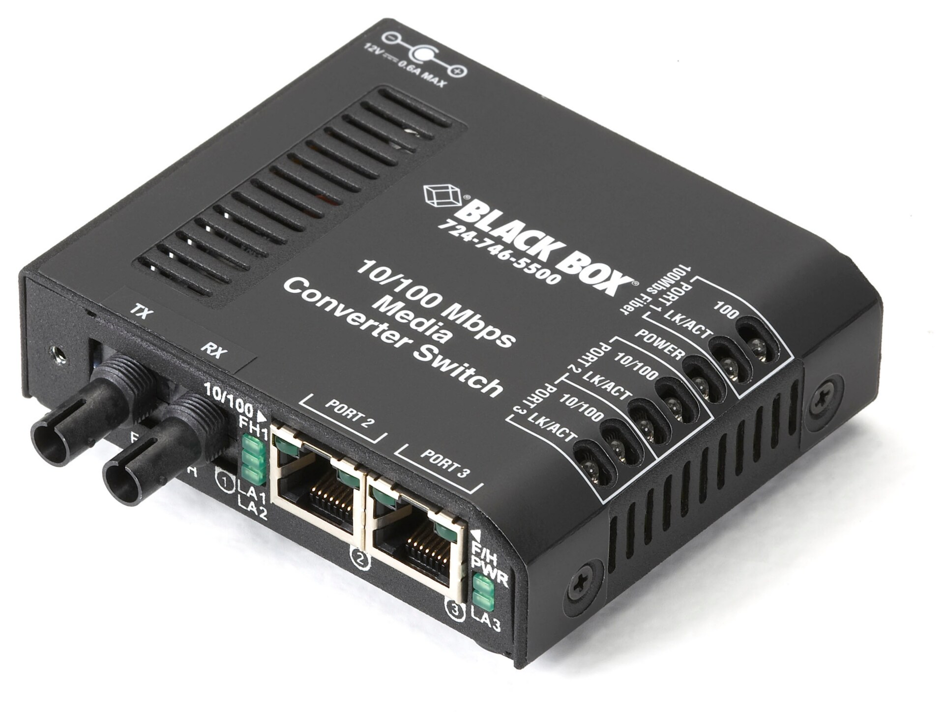 Black Box Media Converter Switch 10/100-Mbps Copper to 100-Mbps Fiber, 115-VAC, Multimode, ST - fiber media converter -