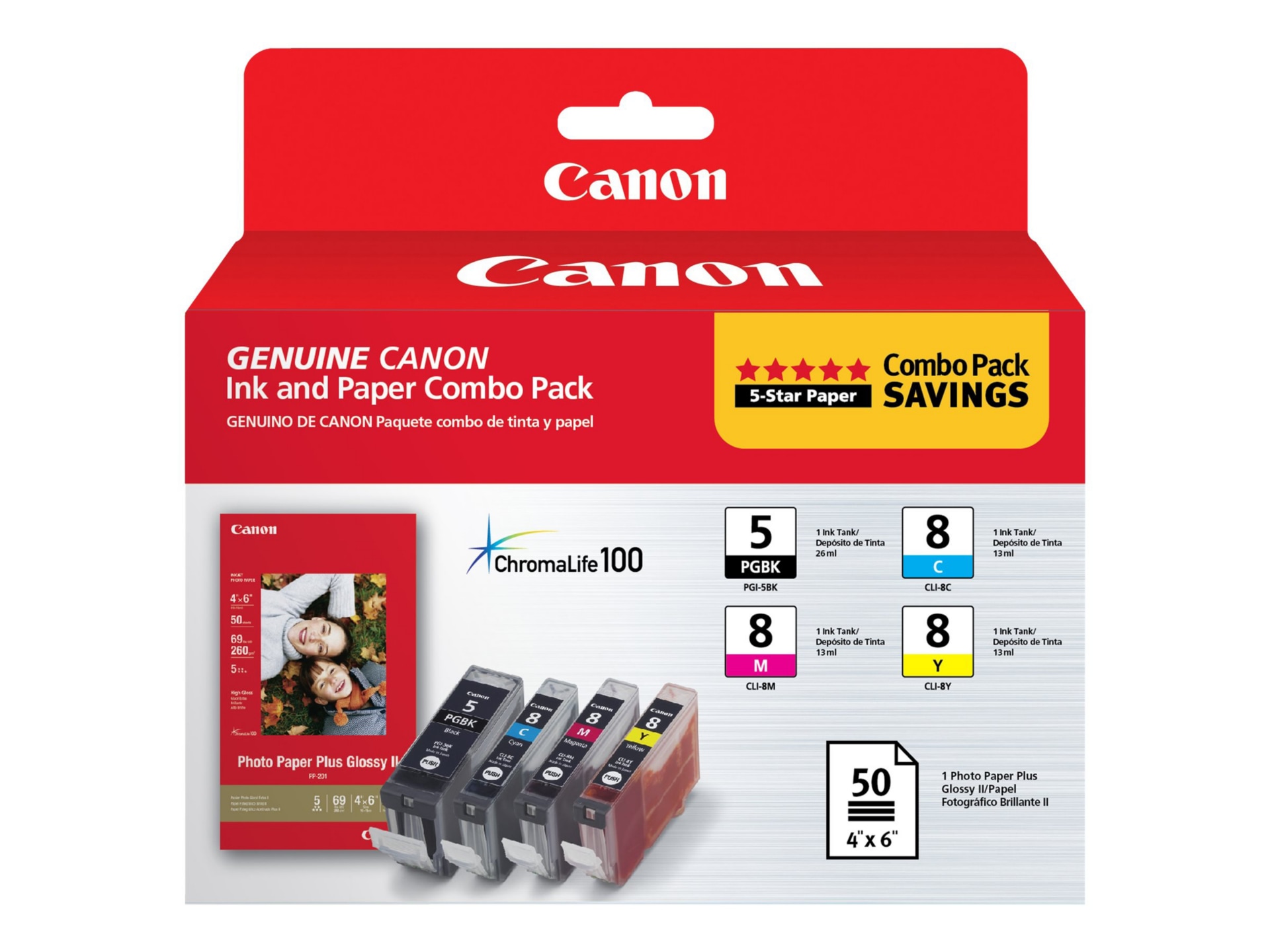 Canon PGI-5/CLI-8 Combo Pack with PP-201 - 4-pack - yellow, cyan, magenta, pigmented black - ink tank / paper kit