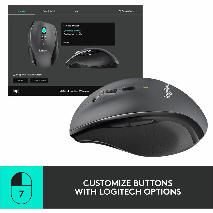 Thumbnail 5 of 10 for Logitech M705 Marathon Wireless Mouse, 2.4 GHz USB Unifying Receiver, 1000 DPI, 5-Programmable Buttons, Black