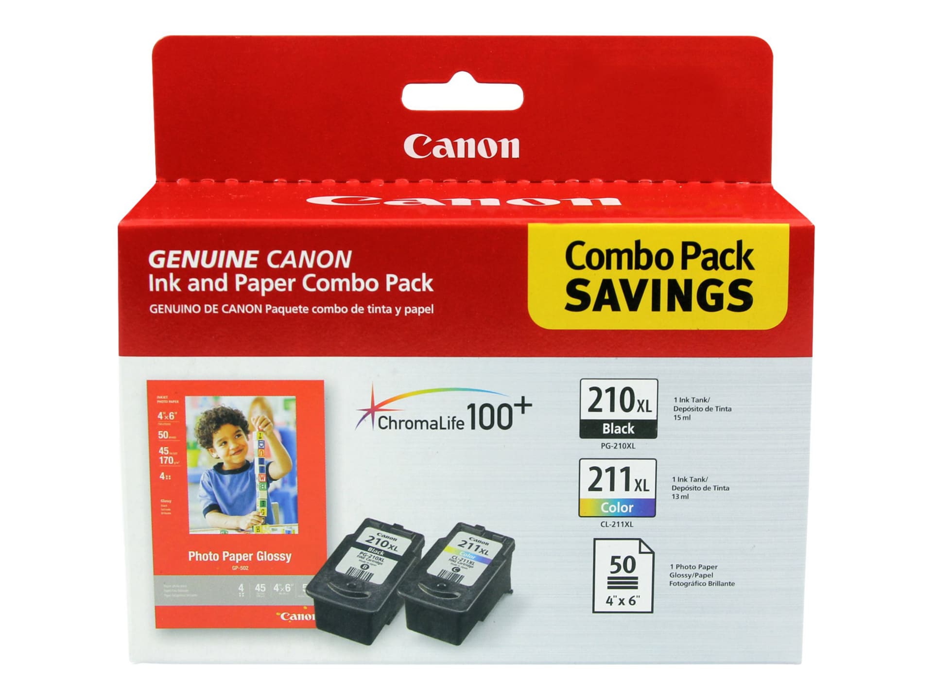 Canon PG-210 XL/CL-211 XL Combo Pack with Photo Paper Glossy - 2-pack - XL - color (cyan, magenta, yellow), pigmented