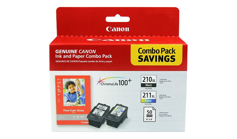 Canon PG-210 XL/CL-211 XL Combo Pack with Photo Paper Glossy - 2-pack - XL - color (cyan, magenta, yellow), pigmented