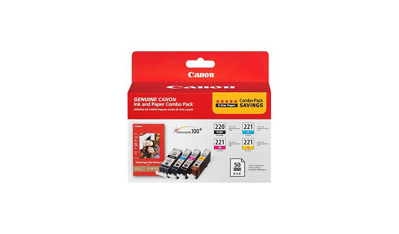 Canon PGI-220/CLI-221 Combo Pack with Photo Paper Plus Glossy II - 4-pack - yellow, cyan, magenta, pigmented black -