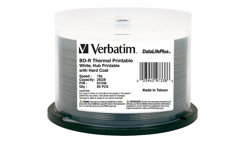 Verbatim BD-R Blu-ray 25GB 6X White Thermal Hub Printable 50pk Spindle
