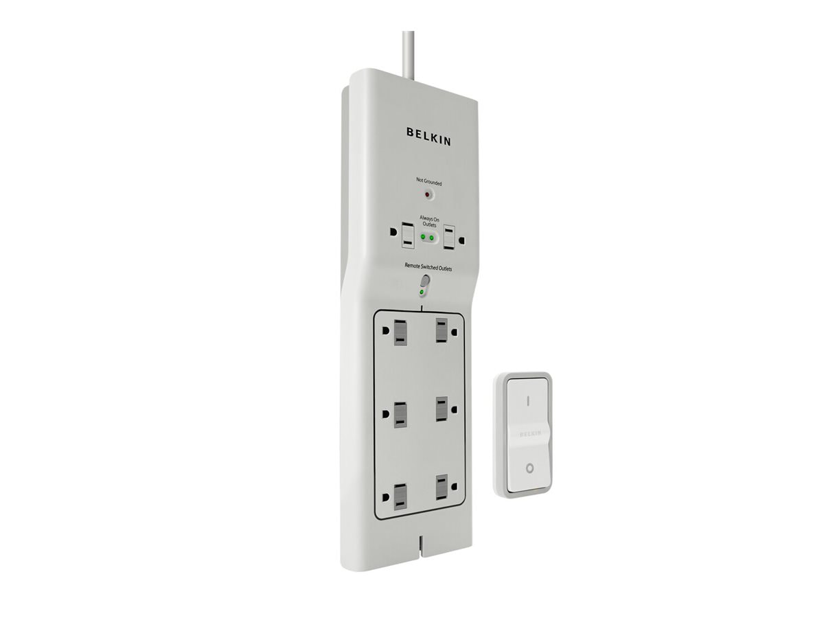 Belkin 8-Outlet Surge Protector - 4ft Cord - Right Angle Plug - 1080J - Wireless Remote - Grey