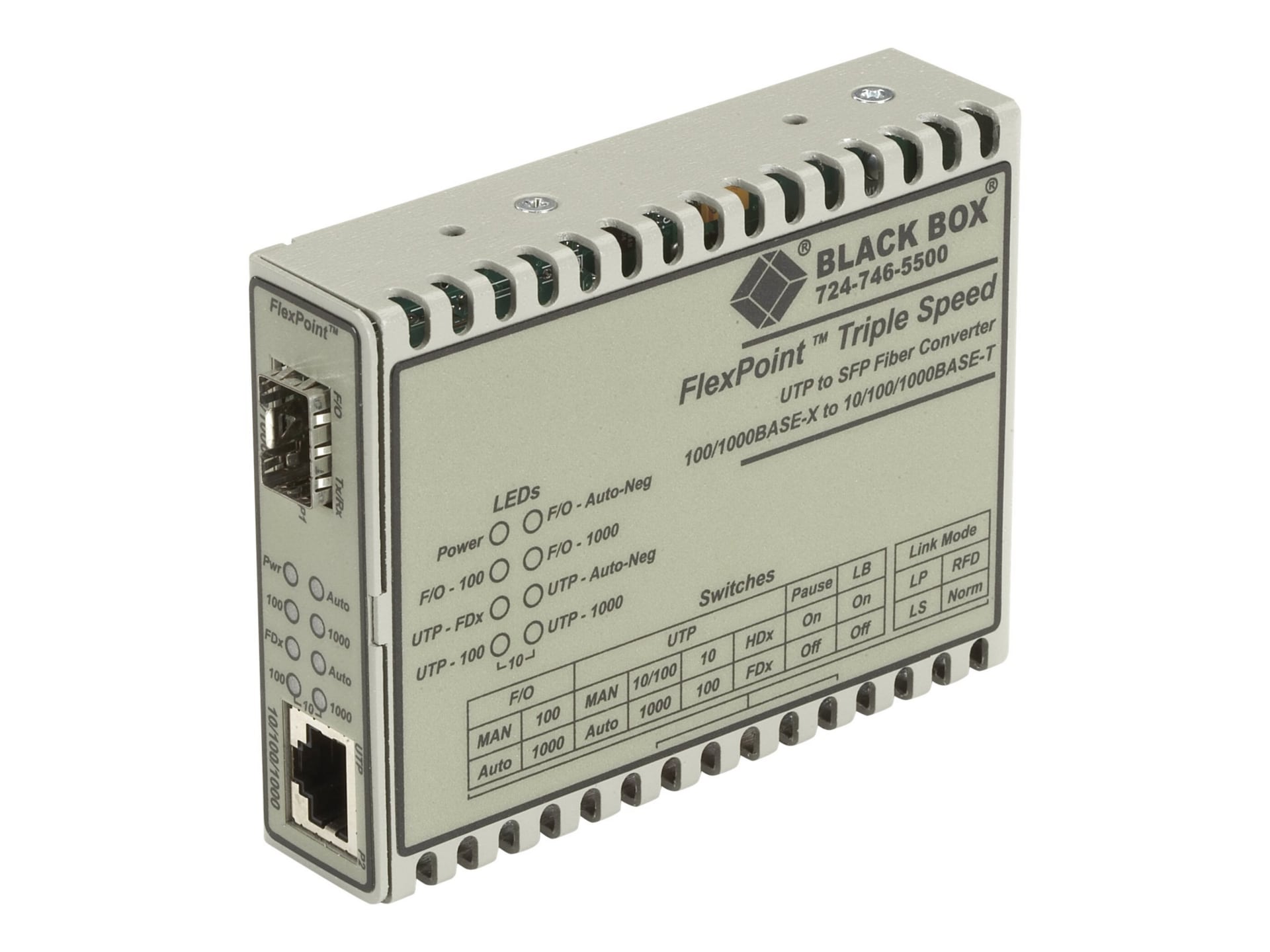 Black Box FlexPoint Media Converter, RJ45 to SFP, MMF or SMF, 10/100/1000