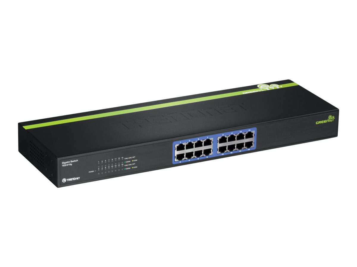 TRENDnet 16-Port Unmanaged Gigabit GREENnet Switch, 16 x RJ-45 Ports, 32Gbps Switching Capacity, Fanless, Rack
