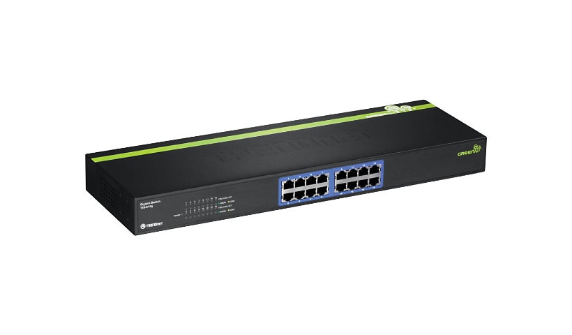 TRENDnet 16-Port Unmanaged Gigabit GREENnet Switch, 16 x RJ-45 Ports, 32Gbps Switching Capacity, Fanless, Rack