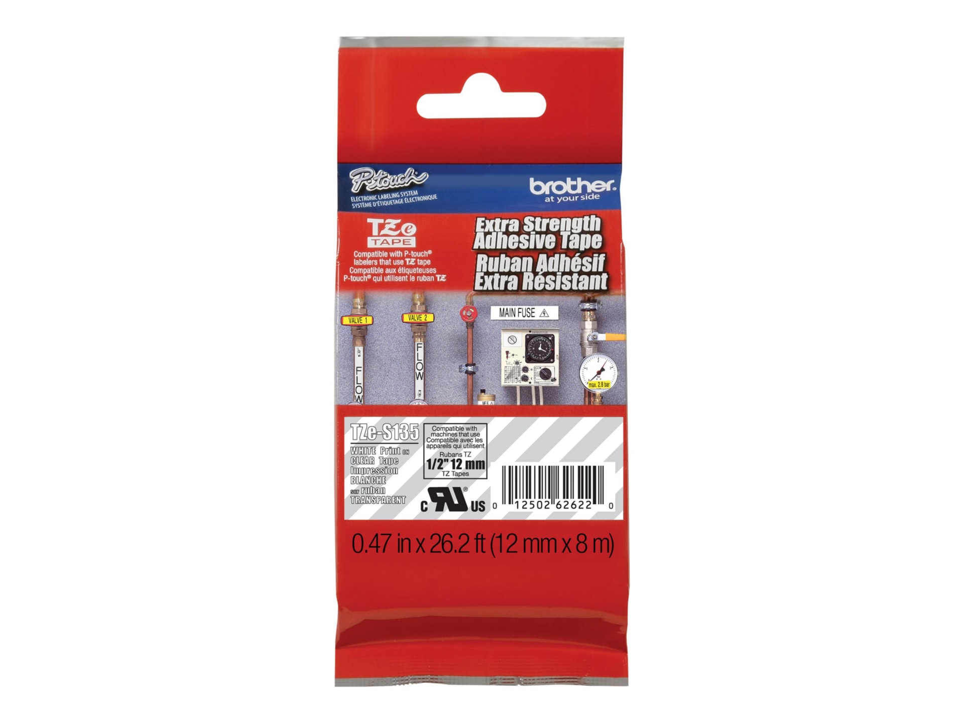 Brother P-touch TZe-S135 Strong Adhesive Laminated Label Tape - 1/2" x 26.2' White Print on Clear Tape - 1 Cassette