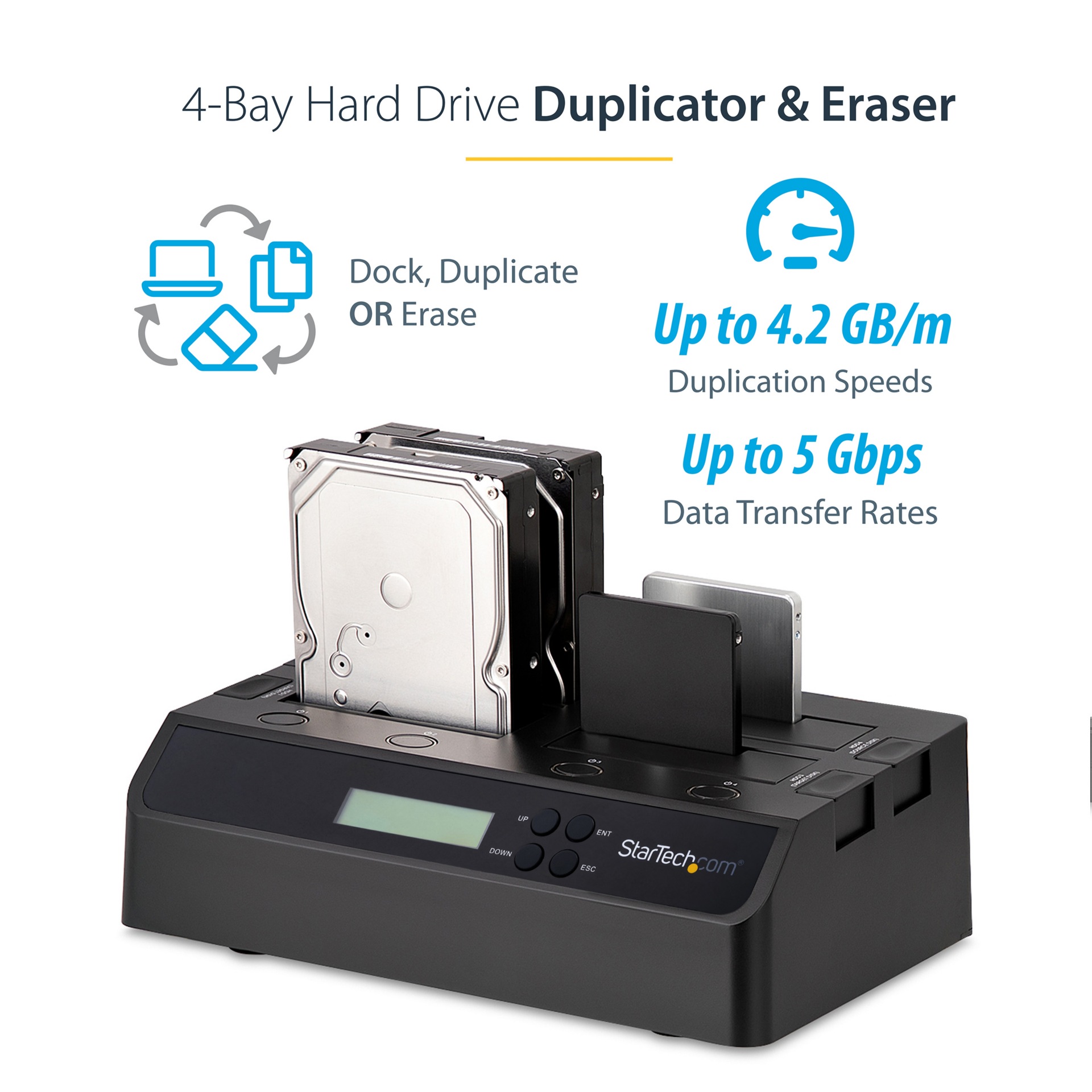 Thumbnail 2 of 9 for StarTech.com 4-Bay Hard Drive Duplicator and Eraser, External HDD/SSD Cloner / Copier / Wiper Tool, USB 3.0/eSATA