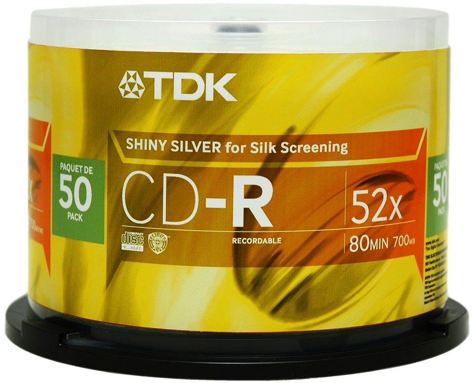 TDK 52x CD-R, Blank Shiny Silver Silkscreen Surface, 50-pack spindle