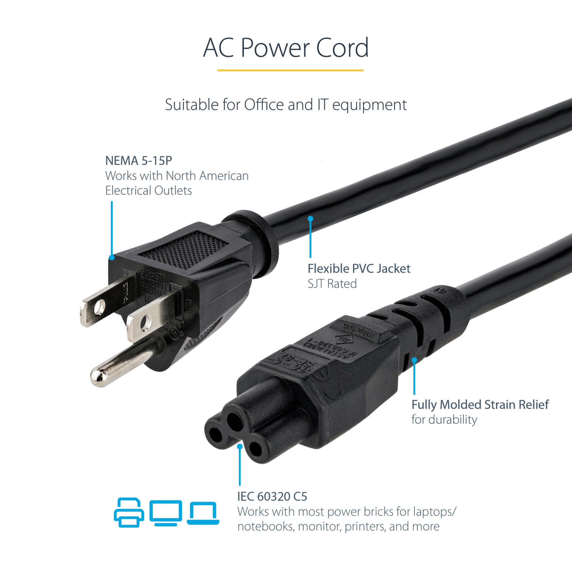 Thumbnail 3 of 8 for StarTech.com 10ft (3m) Laptop Power Cord, NEMA 5-15P to C5 (Clover Leaf), 10A 125V, 18AWG, Laptop Replacement Cord