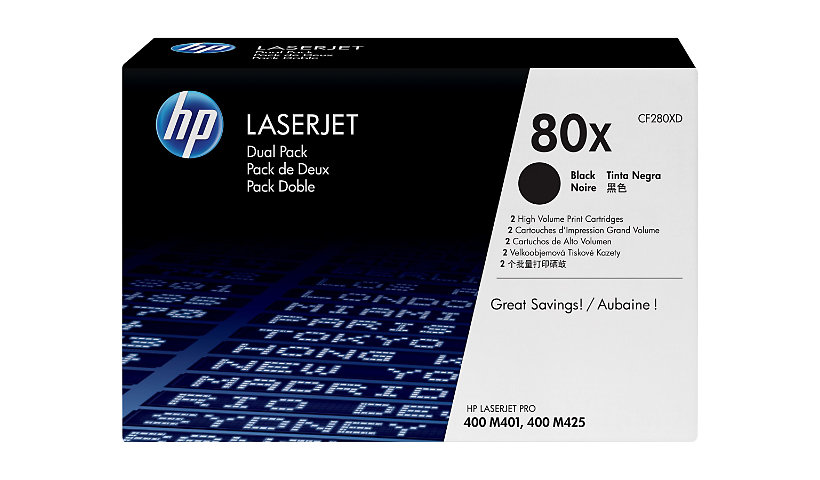 HP 80X (CF280XD) 2-pack High Yield Black Original LaserJet Toner Cartridges