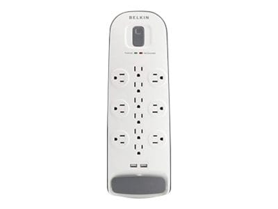 Belkin 12-Outlet Surge Protector - 6ft Cord - Right Angle Plug - 3996J - 2xUSB-A - White/Grey