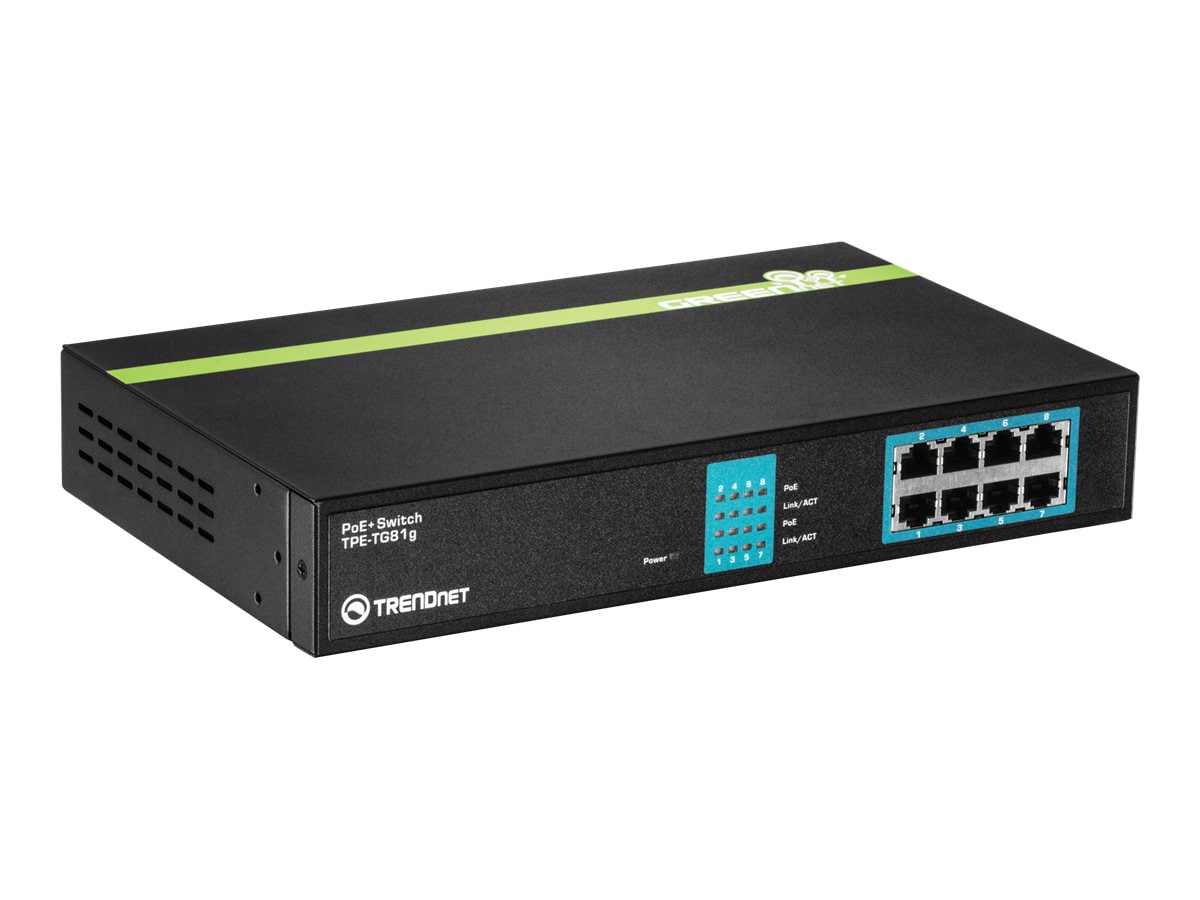 TRENDnet 8-Port Gigabit GREENnet PoE+ Switch; TPE-TG81g; 8 x Gigabit PoE+ Ports; Rack Mountable; Up to 30 W Per Port