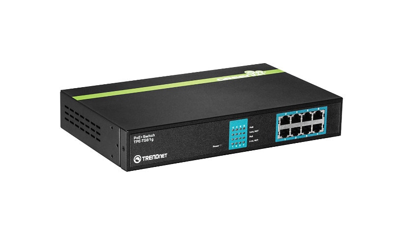 TRENDnet 8-Port Gigabit GREENnet PoE+ Switch; TPE-TG81g; 8 x Gigabit PoE+ Ports; Rack Mountable; Up to 30 W Per Port