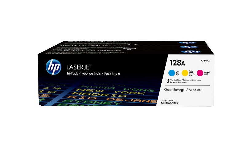 HP 128A (CF371AM) Original Laser Toner Cartridge - Tri-pack - Cyan, Magenta, Yellow - 3 / Carton