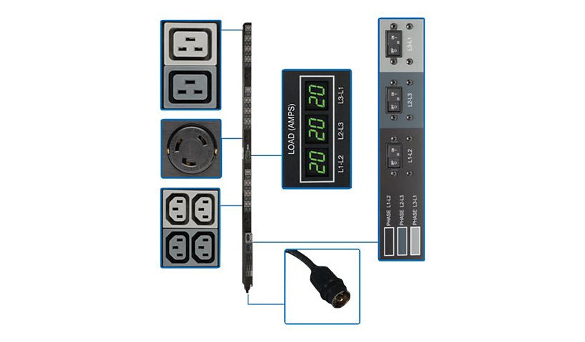 Tripp Lite PDU 3-Phase Metered 208V 14.4kW 36 C13; 6 C19; 3 L6-30R 0URM - vertical rackmount - power distribution unit -