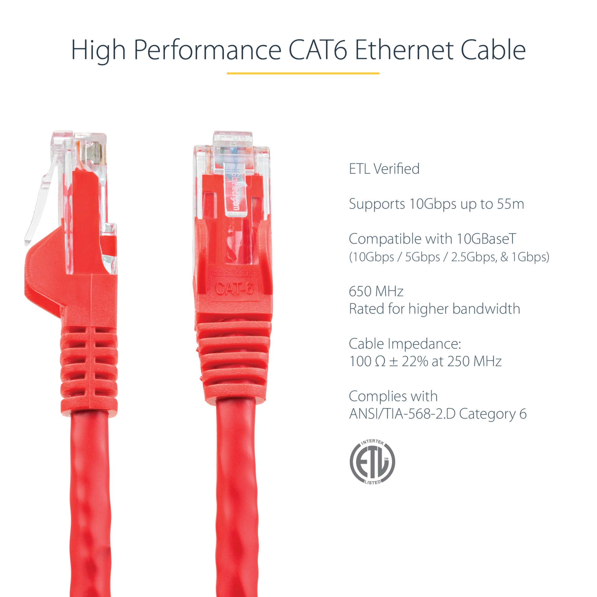 Thumbnail 2 of 10 for StarTech.com 50ft CAT6 Ethernet Cable - Red Snagless Gigabit - 100W PoE UTP 650MHz Category 6 Patch Cord